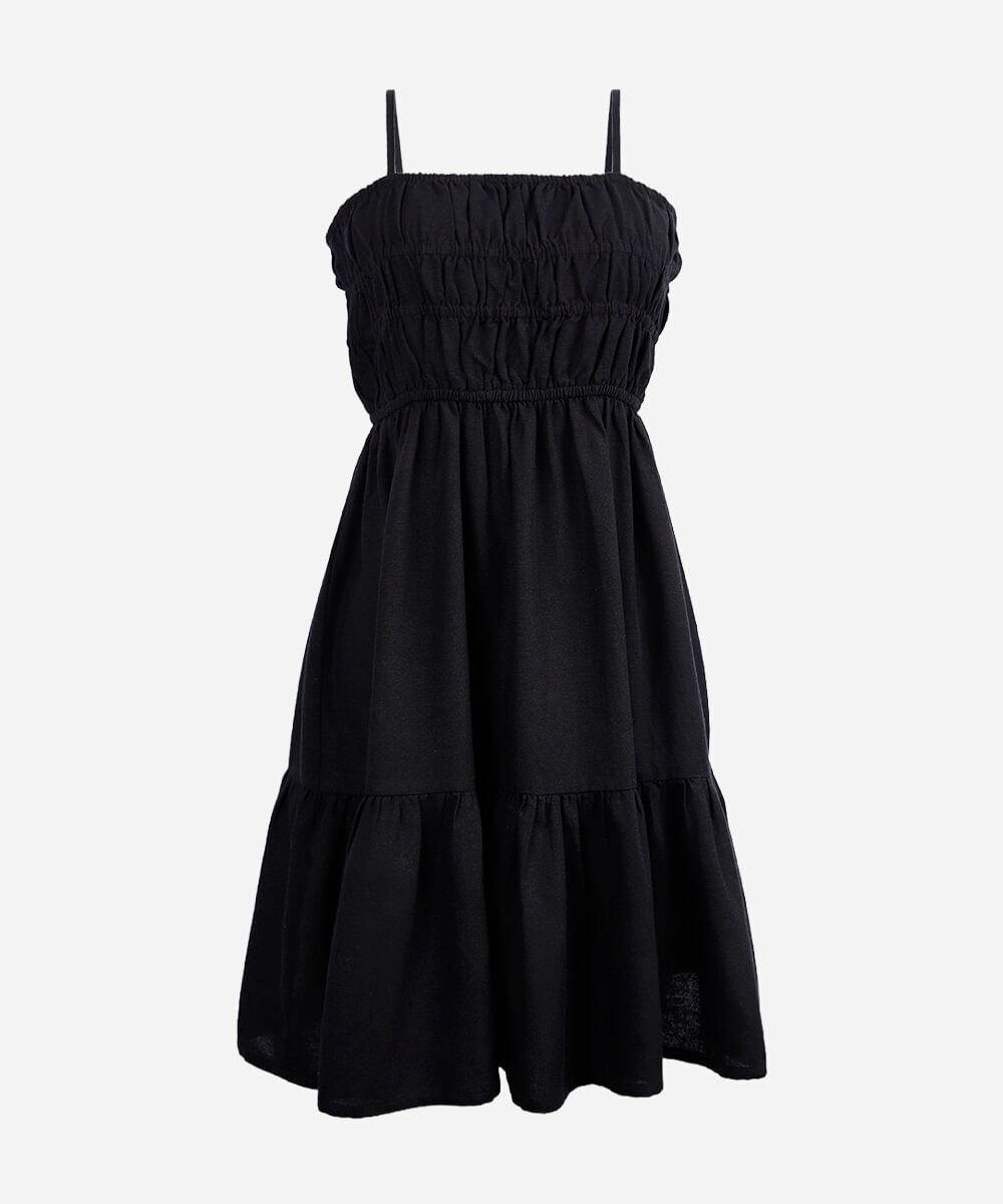 vestido curto alça fina juvenil com linho e recorte preto