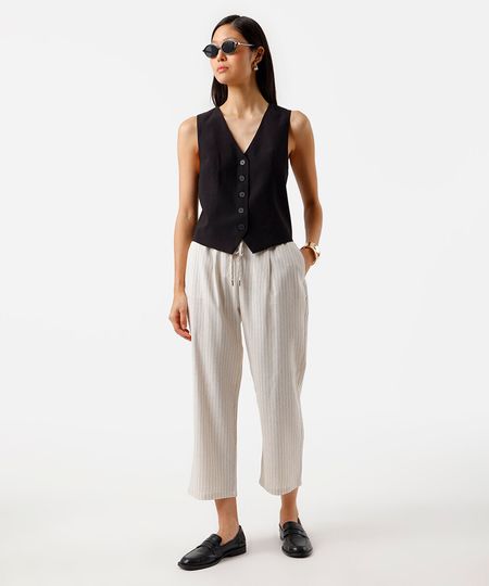 calça jogger feminina com linho listrada areia 36