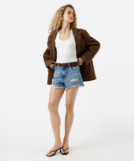 short feminino jeans cintura média destroyed  azul 34