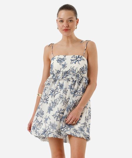 vestido curto balonê com lurex e babado floral bege M vestido curto balonê com lurex e babado floral bege M