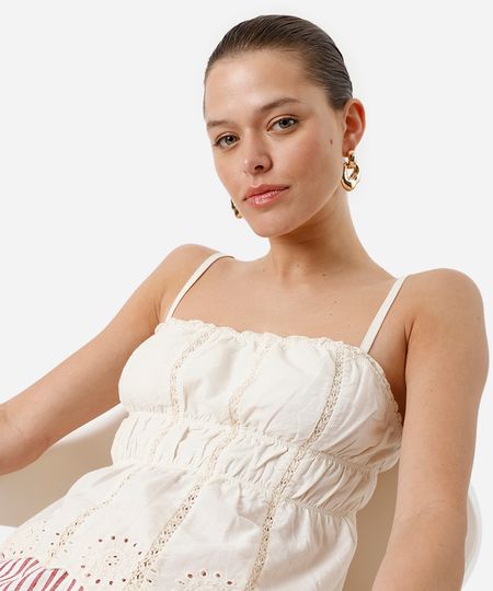 blusa alça fina feminina de algodão com renda e bordado franzida bege P blusa alça fina feminina de algodão com renda e bordado franzida bege P
