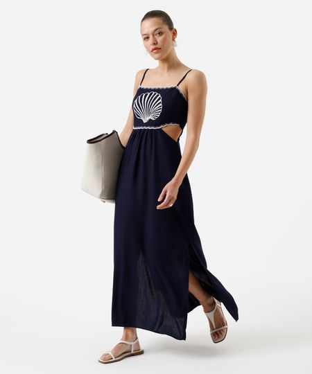 vestido longo alça fina feminino com linho e recorte bordado azul PP