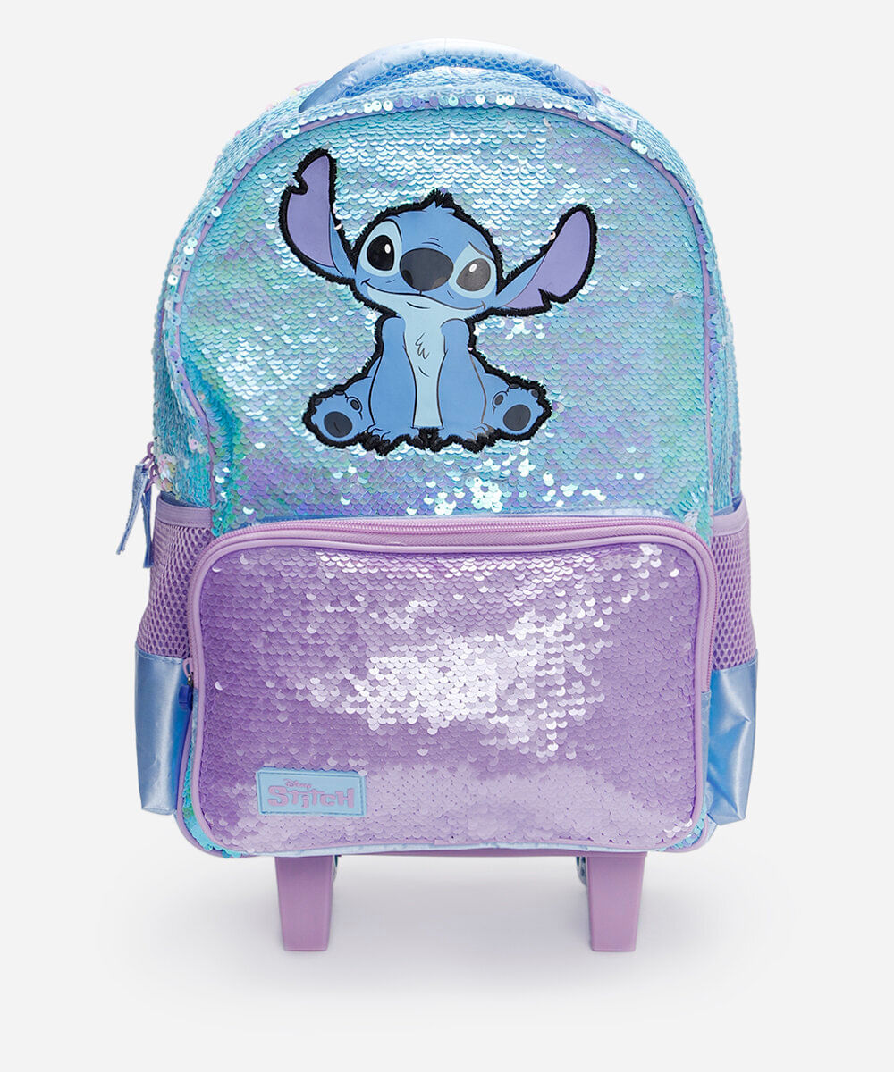 mochila infantil de rodinha com paetê stitch azul