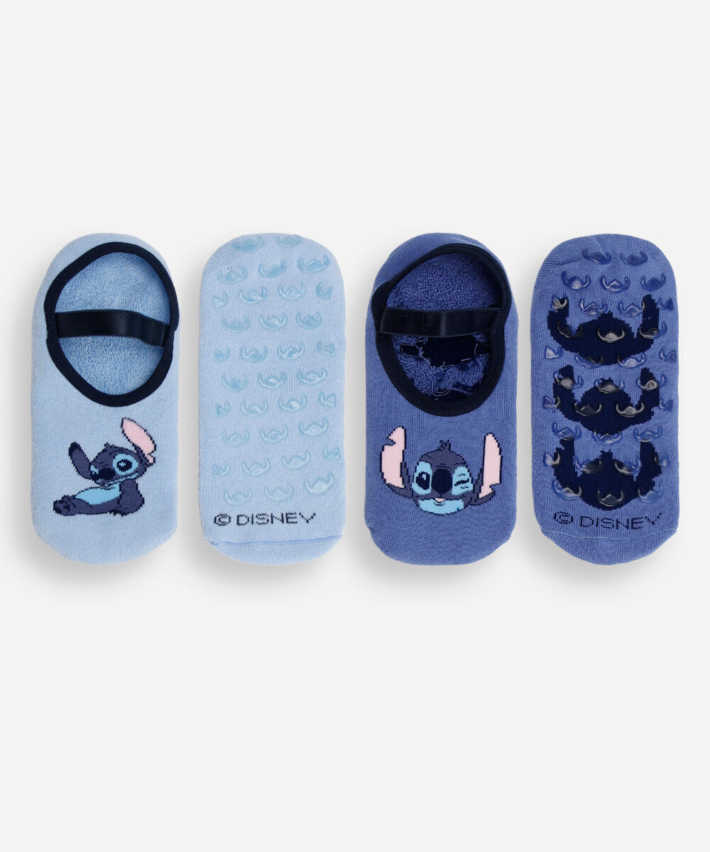 kit de 2 meias femininas sapatilha com antiderrapante stitch colorido