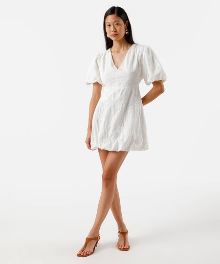 vestido curto balonê feminino manga bufante bordado floral branco GG vestido curto balonê feminino manga bufante bordado floral branco GG