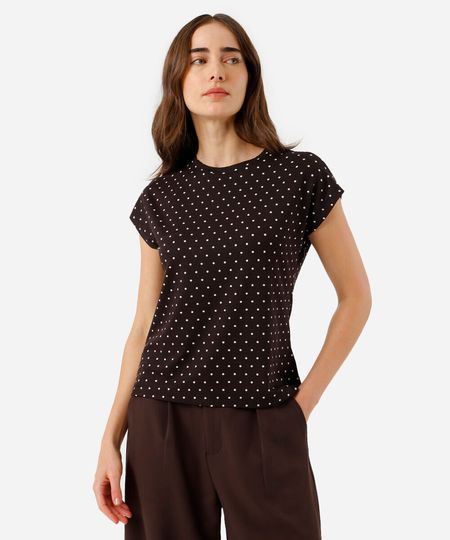 blusa feminina de viscose manga curta poá marrom PP