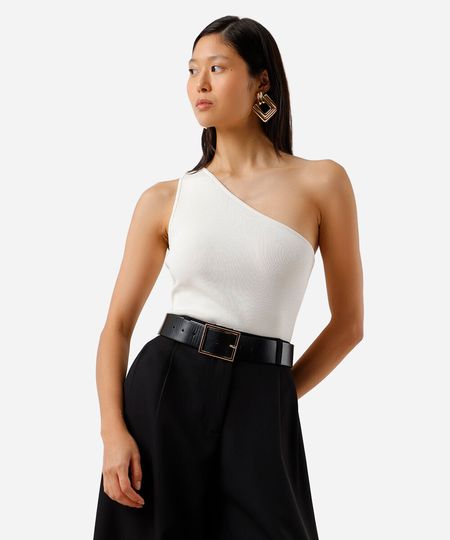regata feminina de tricot ombro único canelada off white PP