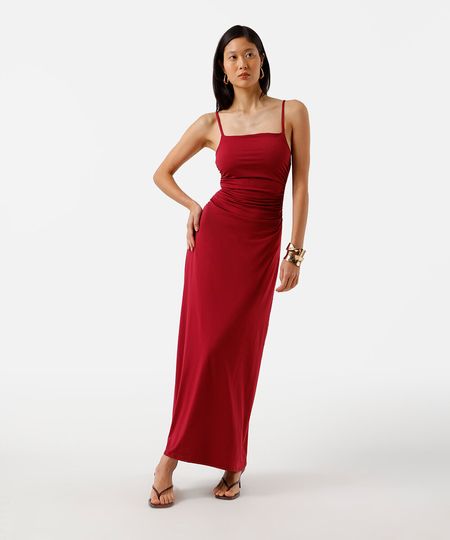 vestido longo alça fina feminino com franzidos vermelho PP vestido longo alça fina feminino com franzidos vermelho PP