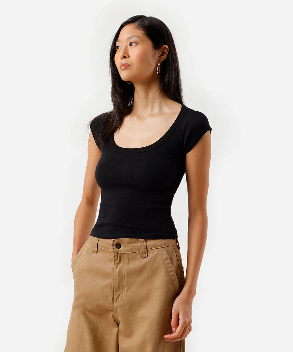 blusa baby look feminina de algodão canelada básica preta