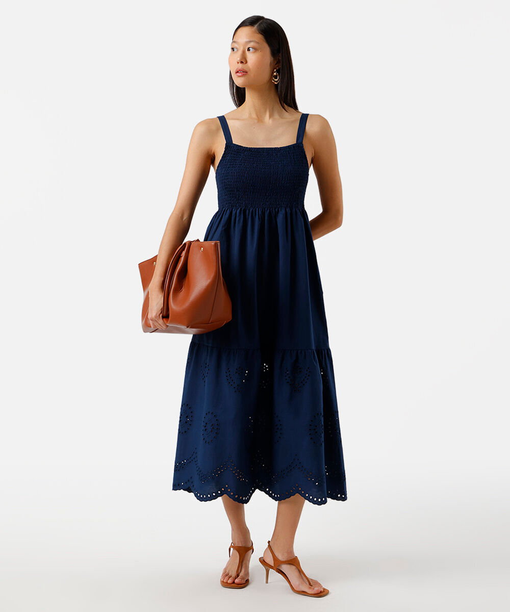 vestido midi alça fina feminino de algodão com recorte bordado azul