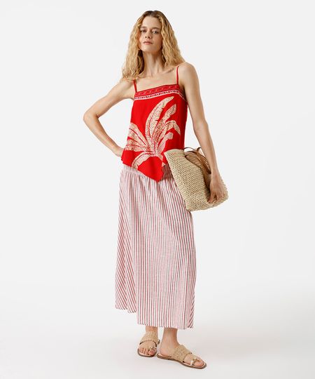 saia midi godê cós com elástico listrada vermelha G