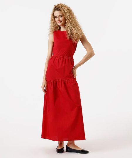 vestido longo feminino de algodão com recortes vermelho P