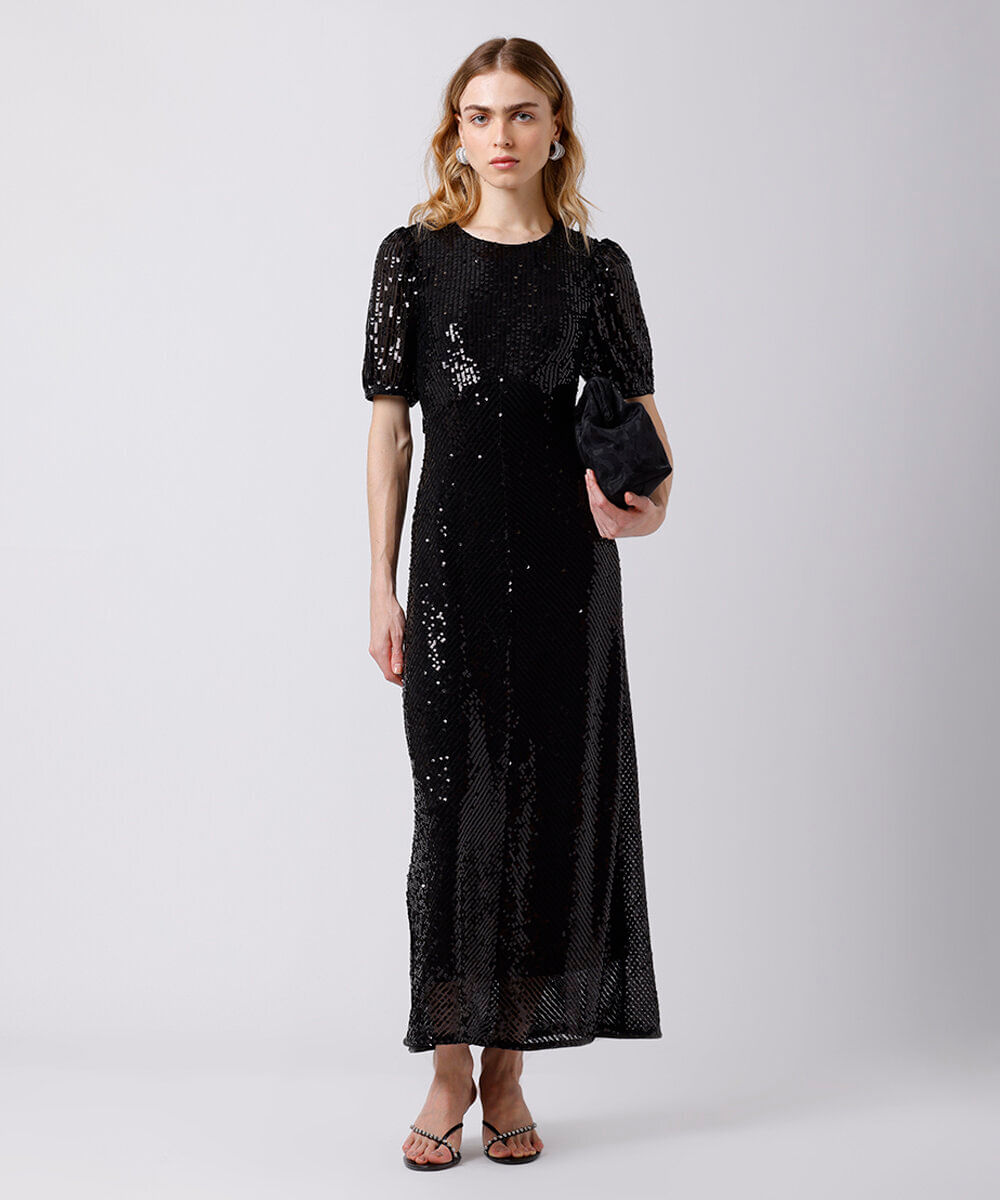 vestido midi feminino de paetê com amarração mindset preto