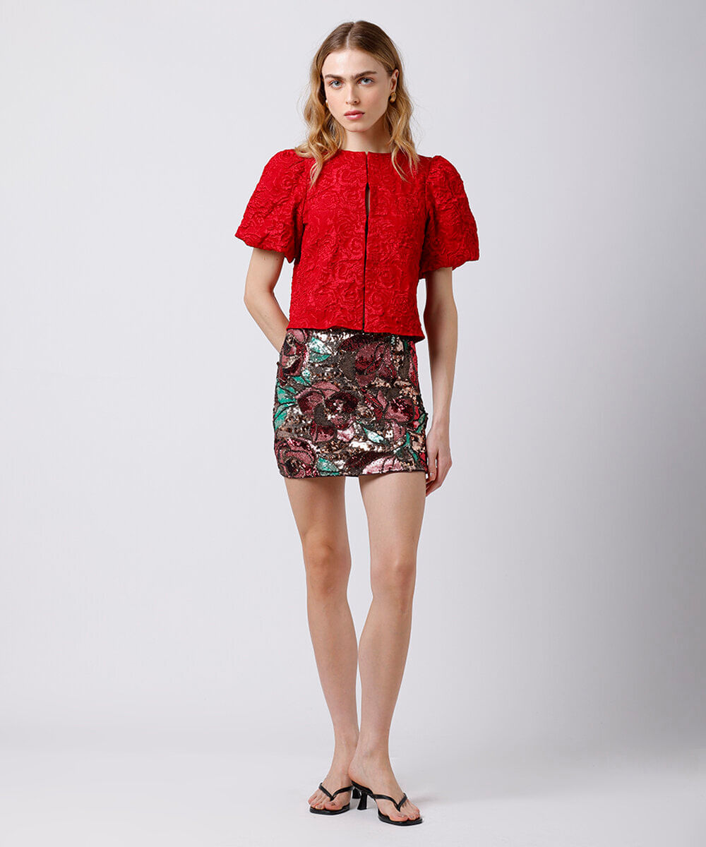 minissaia feminina de paetê floral mindset colorida