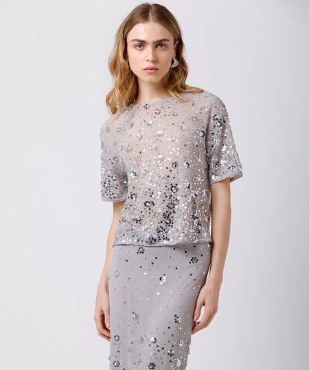 blusa feminina de paetê mindset prateada P