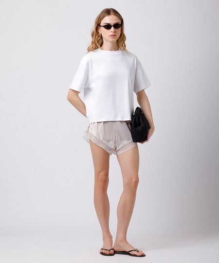 short de pijama feminino com renda acetinado mindset  bege GG short de pijama feminino com renda acetinado mindset  bege GG