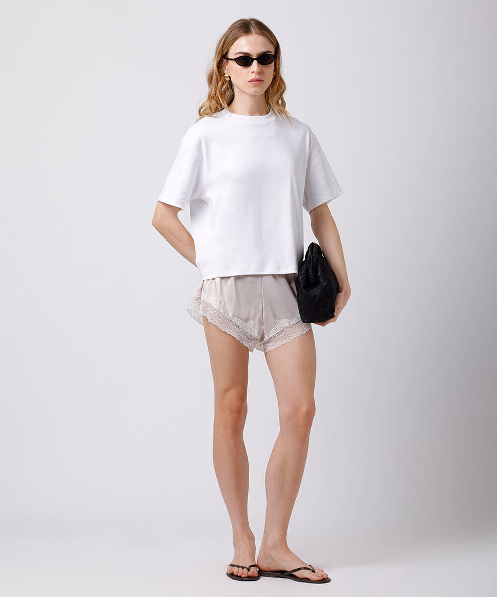 short estilo pijama feminino com renda acetinado mindset - champagne