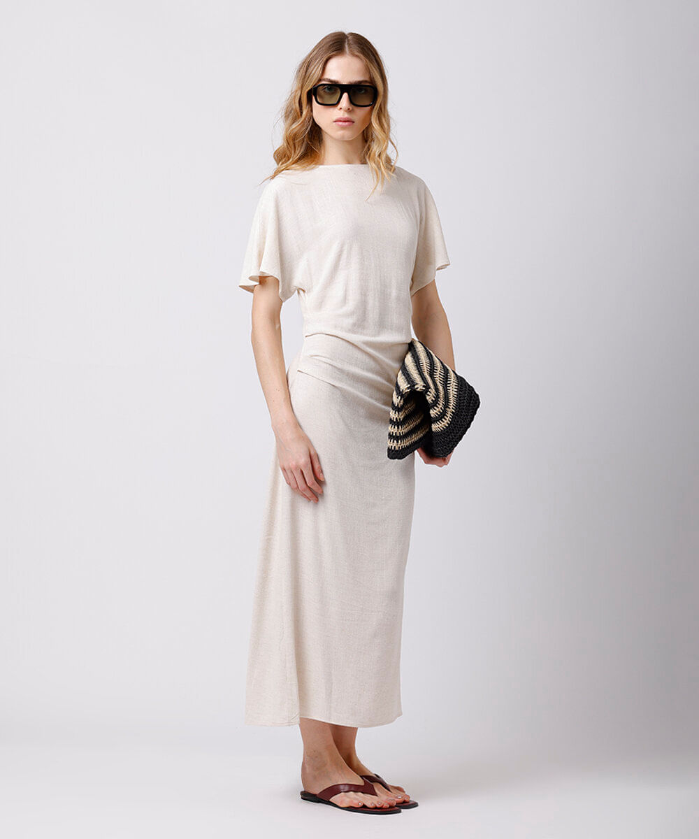 vestido midi feminino com linho e pregas mindset bege