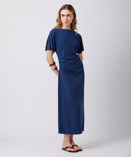 vestido midi feminino com linho e pregas mindset azul M