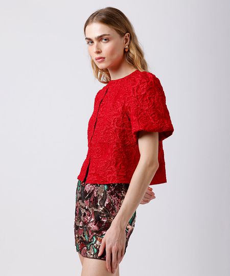 blusa feminina de jacquard manga bufante floral mindset vermelha P blusa feminina de jacquard manga bufante floral mindset vermelha P