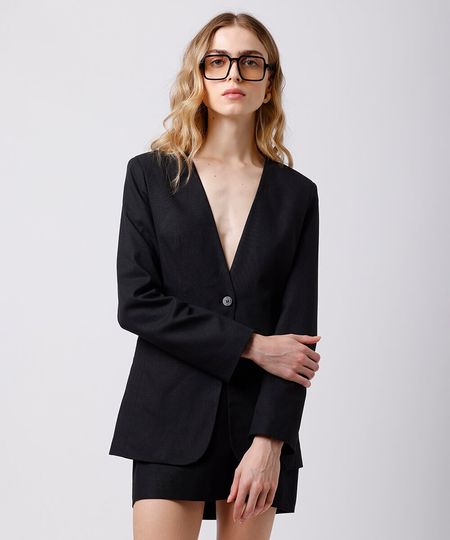 blazer de alfaiataria feminino com linho mindset preto GG blazer de alfaiataria feminino com linho mindset preto GG