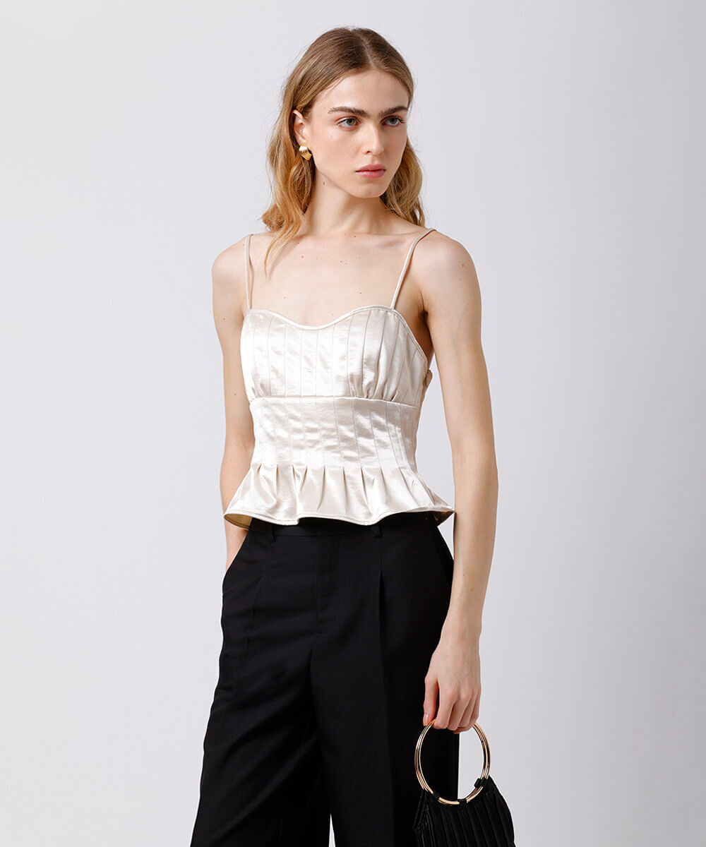 cropped peplum alça fina feminino com pregas acetinado mindset bege