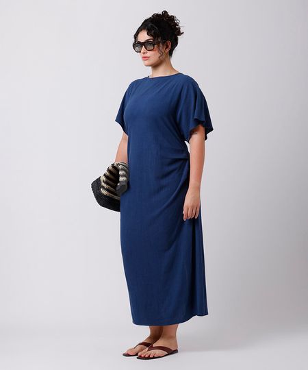 vestido midi feminino com linho e pregas mindset plus size azul GG3