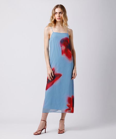 vestido midi alça fina feminino floral mindset azul PP