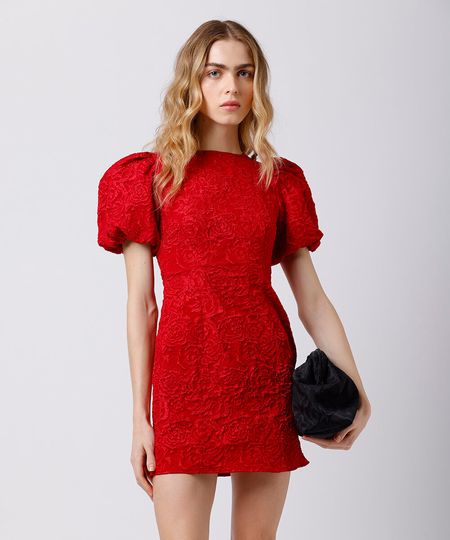vestido curto feminino de jacquard manga bufante floral mindset vermelho G