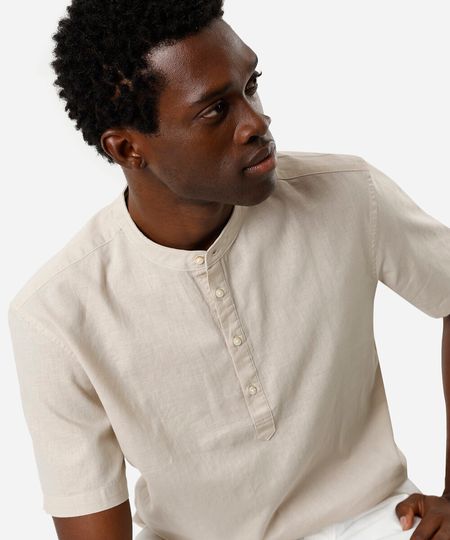 bata masculina de linho e algodão manga curta bege P