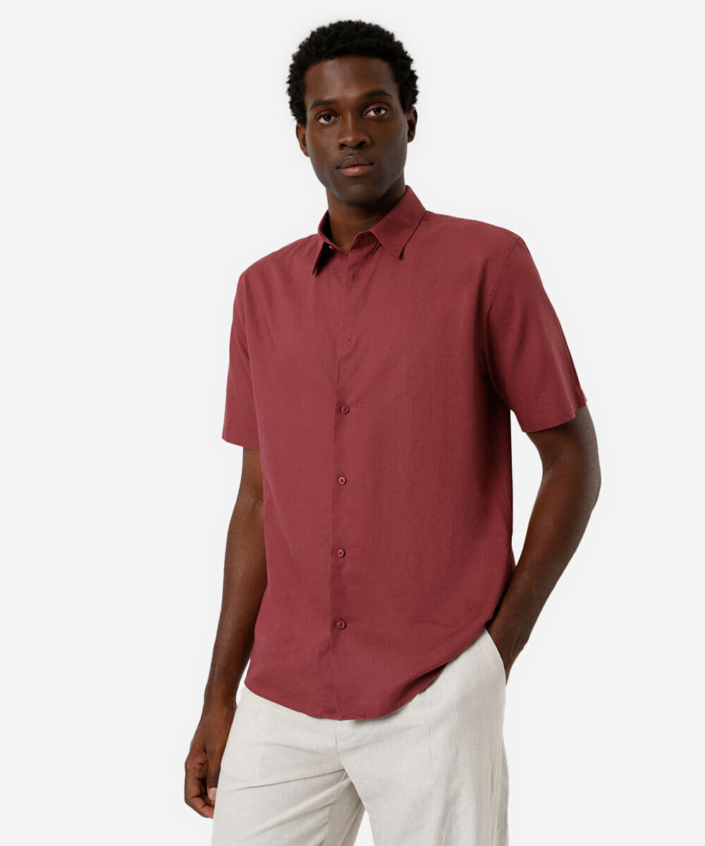camisa comfort masculina com linho manga curta - rosa escuro