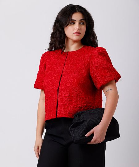 blusa feminina manga bufante texturizada mindset plus size vermelha GG