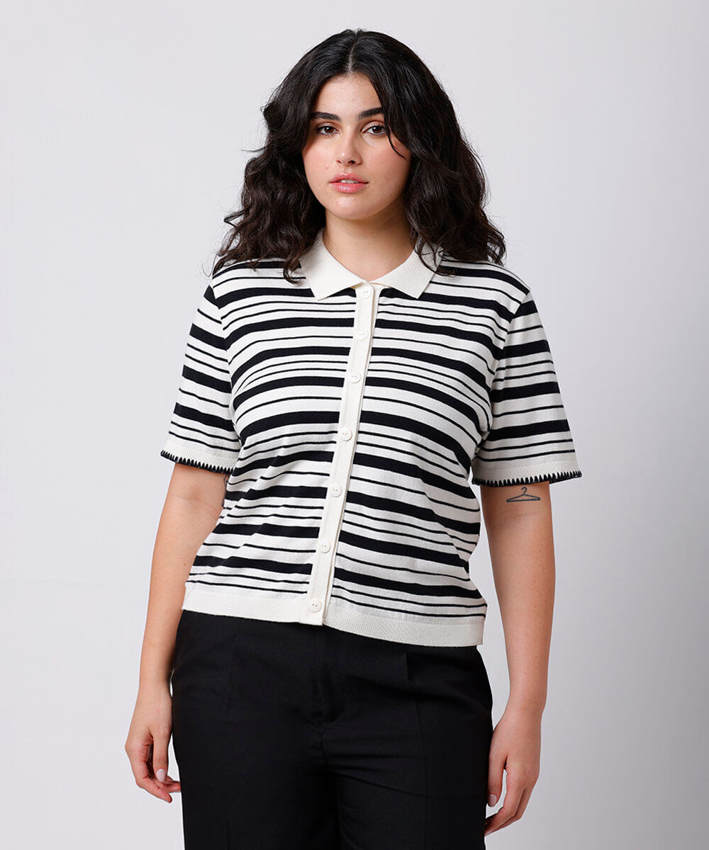 camisa feminina de tricot listrada mindset plus size preta