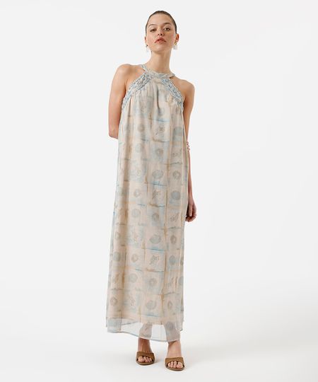 vestido longo feminino com bordado estampado bege M