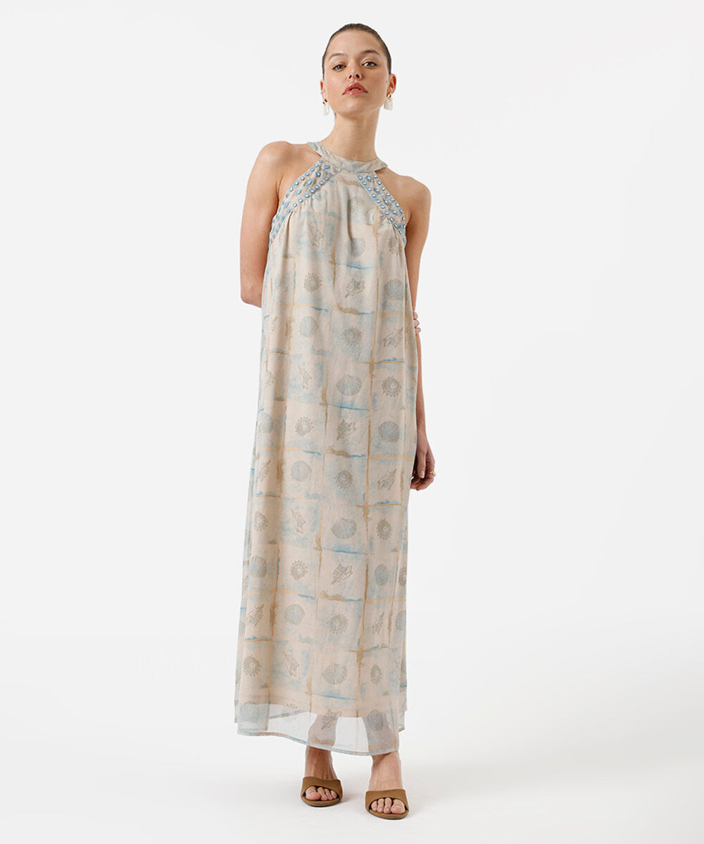 vestido longo feminino com bordado estampado bege