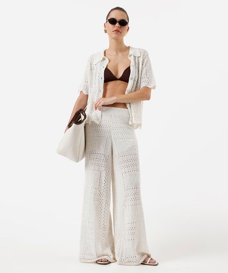 calça pantalona de tricot floral texturizada off white PP