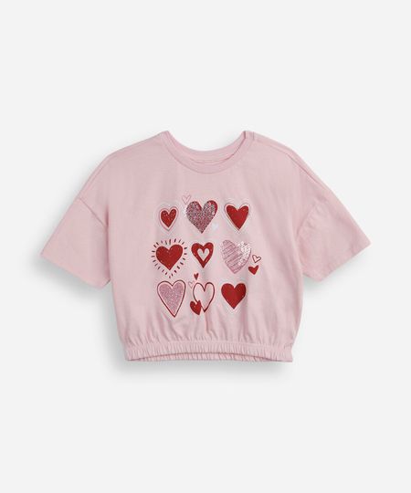 camiseta infantil de algodão com corações e paetês rosa 6