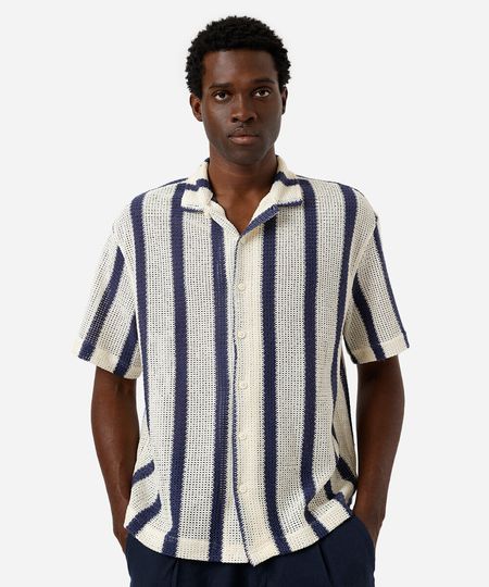 camisa masculina de tricot manga curta listrada off white P camisa masculina de tricot manga curta listrada off white P