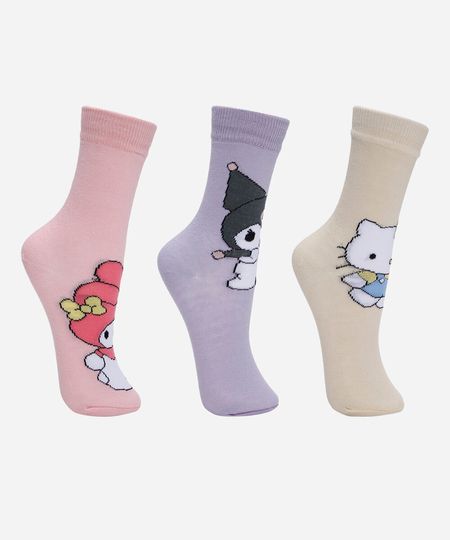 kit de 3 meias infantis cano alto hello kitty colorida 26-29