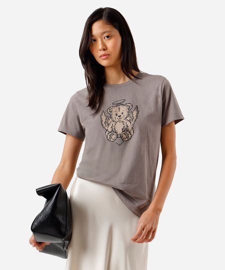 camiseta feminina de algodão ursinho cinza P