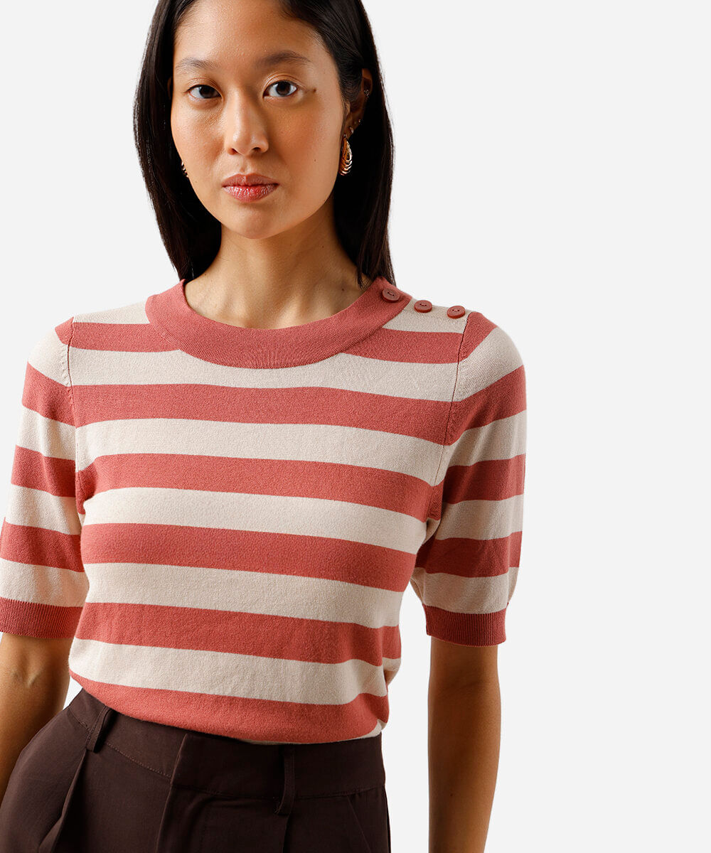 blusa feminina de tricot listrada rosa