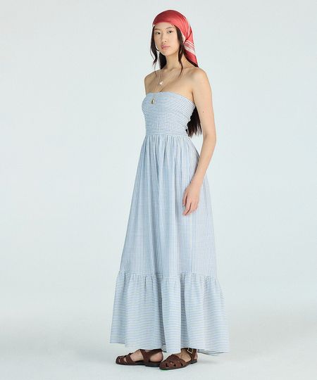 vestido longo sem alça feminino com viscose e recorte listrado azul M vestido longo sem alça feminino com viscose e recorte listrado azul M