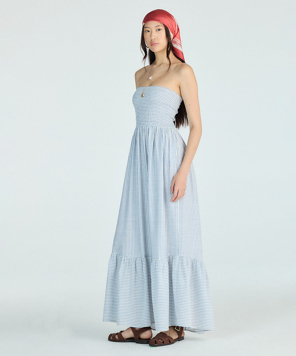 vestido longo sem alça feminino com viscose e recorte listrado azul