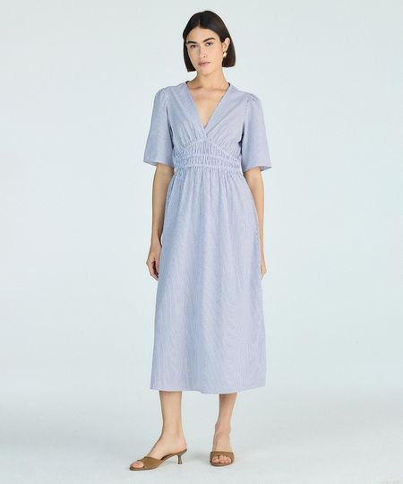 vestido midi feminino decote v manga curta listrado off white M