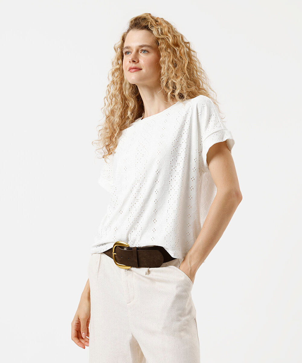 blusa feminina de laise manga curta off white