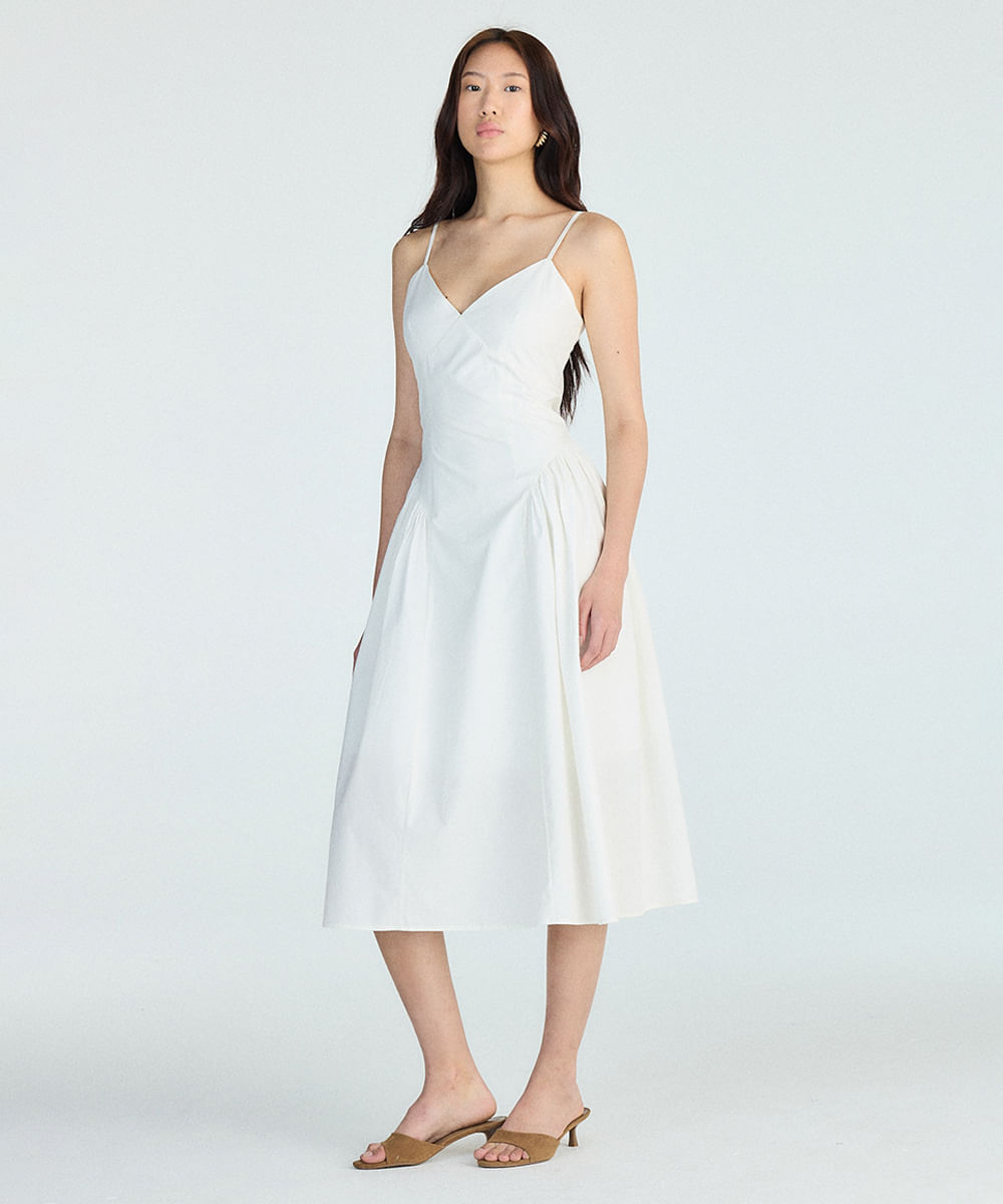 vestido midi alça fina feminino de algodão com recortes off white