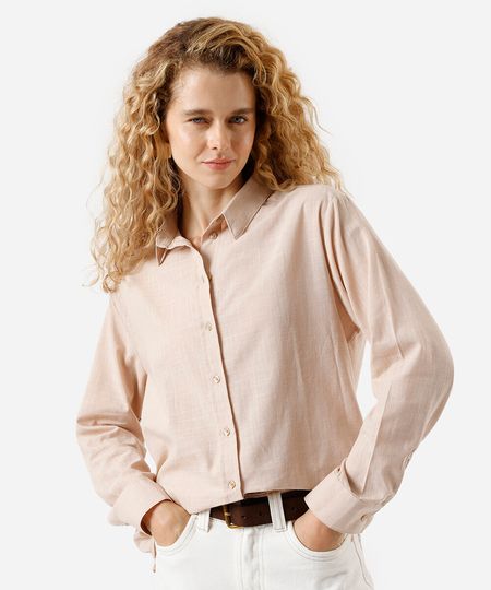 camisa feminina de algodão manga longa bege M