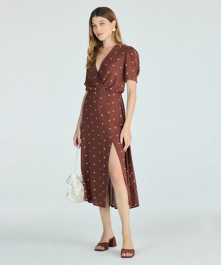 vestido midi feminino transpassado de viscose poá marrom P