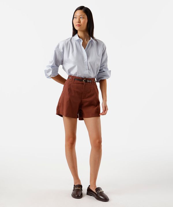 short de alfaiataria feminino com linho e cinto marrom 38