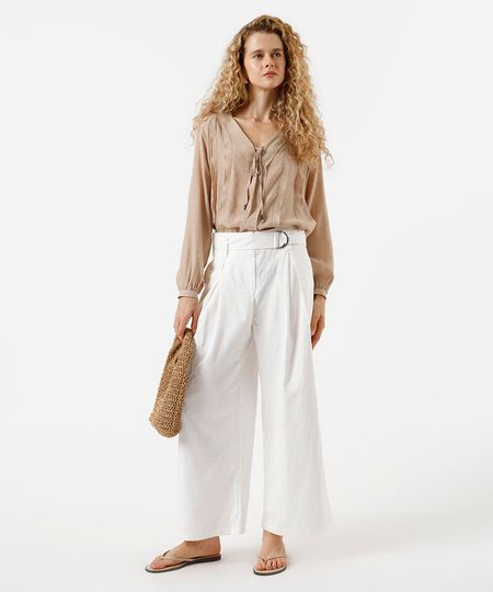 calça cropped feminina de algodão pregas e cinto off white 40 calça cropped feminina de algodão pregas e cinto off white 40